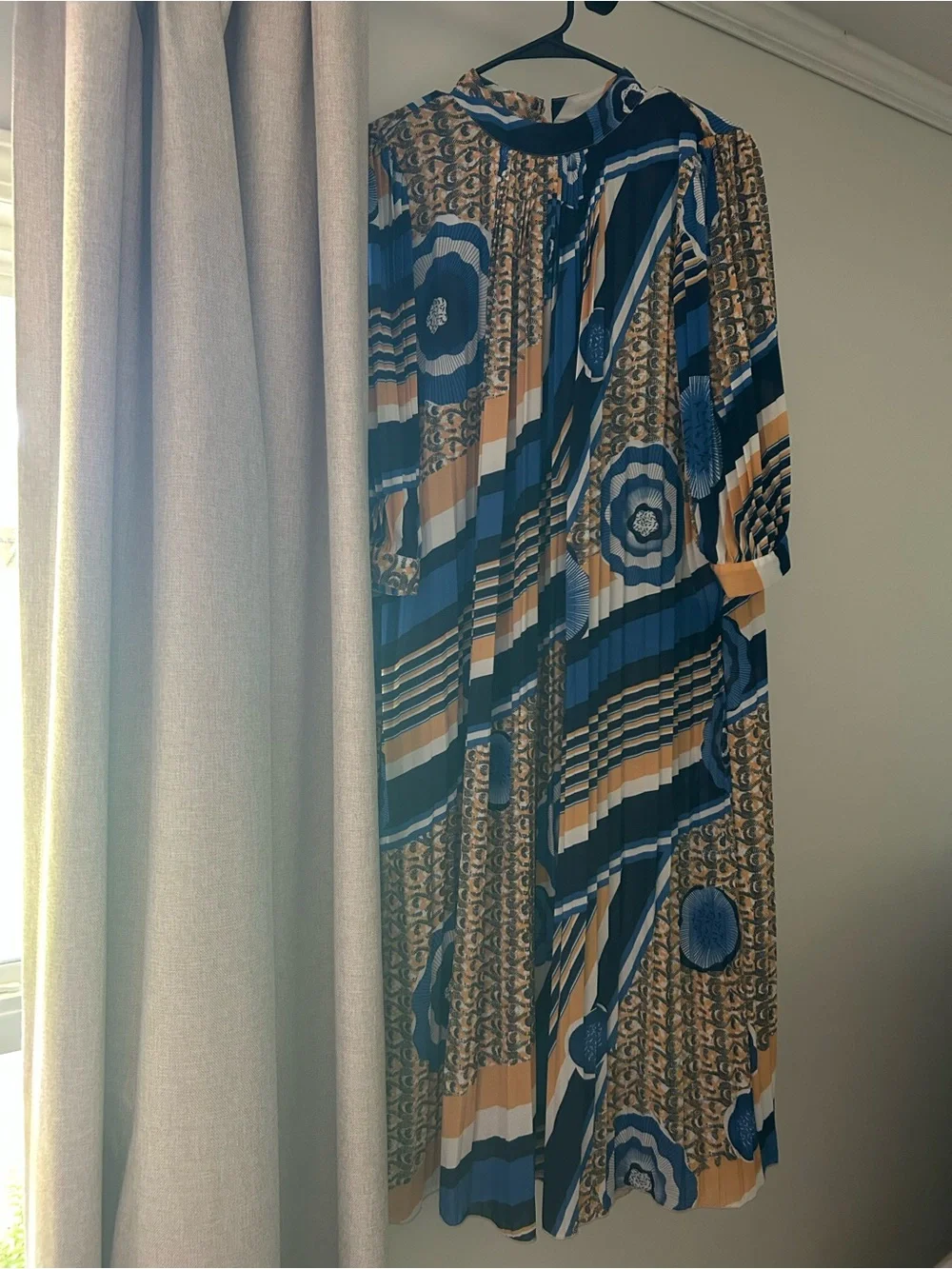 CQ by CQ Pleated Geometric Midi Dress in Blue and Yellow
